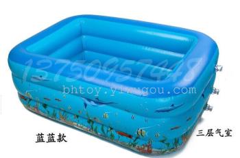 PVC充气家庭水池玩具海洋世界大号方形印花三环游泳戏水上用品